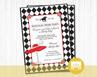 Könnte beinhalten: Eine schwarz-weiße karierte Einladung mit roten Rosen und einem roten Hut. Der Text lautet "Kentucky Derby Party" und enthält Datum, Uhrzeit und RSVP-Informationen.