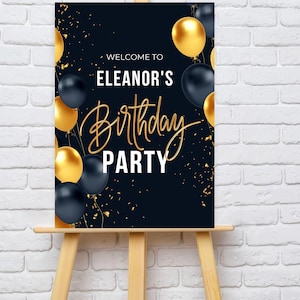 A2, A3 or A4 Personalised Black & Gold Welcome to Birthday Party Sign Banner - Any Age - Digital or Printed Copy