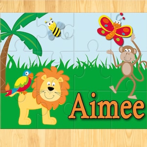 Personalised Jungle Themed Kids jigsaw perfect gift for kids with name Personalized Gift 12 or 63 piece childrens jigsaw puzzle Lion Monkey
