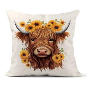 Linda funda de almohada de vaca de las tierras altas Funda de cojín con estampado de vaca de las tierras altas, funda de almohada floral de girasol Funda de almohada decorativa de lino de algodón cuadrado
