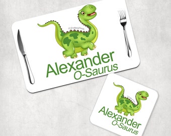 Personalised Any Name Table Hardwood Placemat and Coaster Set Green Dinosaur