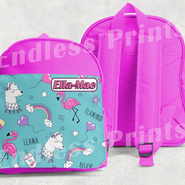 Personalised Llama and Flamingo Girls Backpack Pink School Bag Kids Backpack Childrens School PE Bag (1)