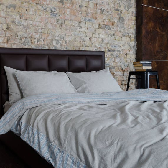 Soft Fabric Washed European Flax Linen Blend Duvet Cover Set Brown Striped