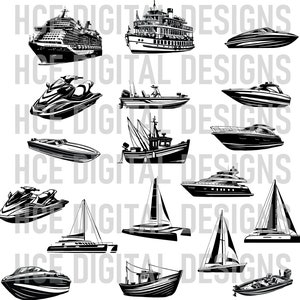 May include: A collection of 15 black and white silhouette illustrations of various watercraft, including a sailboat, a fishing boat, a speedboat, a yacht, a ferry, a jet ski, and a cruise ship.