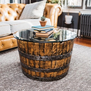 Whiskey Barrel Coffee Table | Homemade Barrel Furniture | Thick Round Glass Table | White Oak Furniture