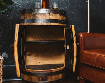 Whiskey Barrel Cabinet with Doors | White Oak Furniture | Bourbon Bottle Storage | Upcycle Furniture | Cabinet With Door