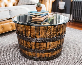 Whiskey Barrel Coffee Table | Homemade Barrel Furniture | Thick Round Glass Table | White Oak Furniture
