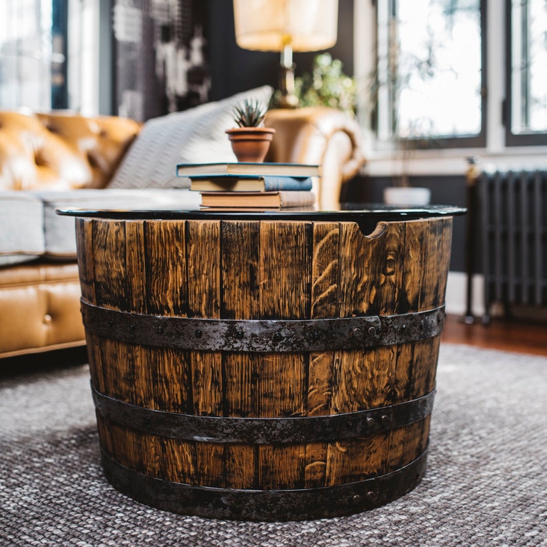 Whiskey Barrel Coffee Table Homemade Barrel Furniture Thick Round Glass Table White Oak Furniture image 8