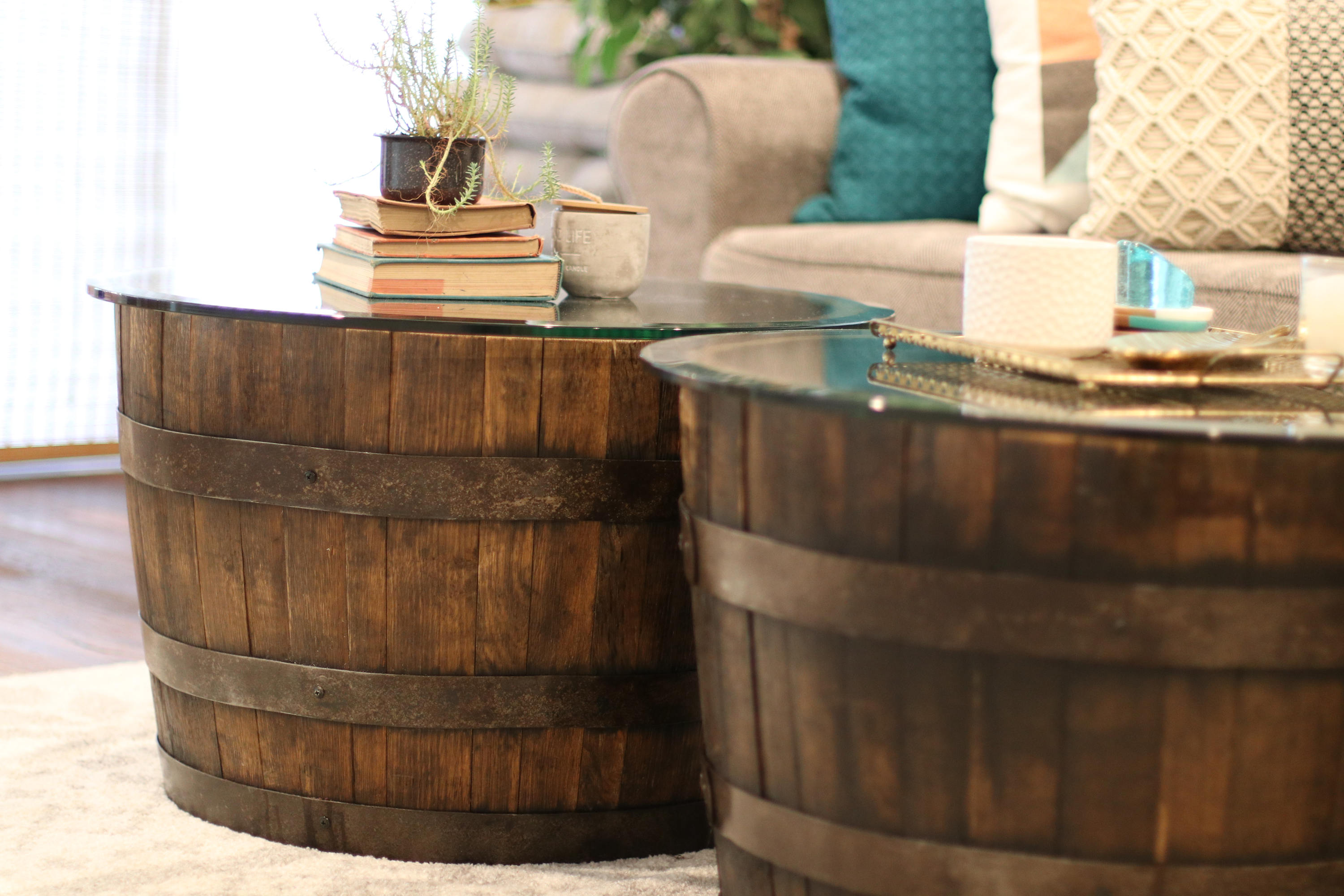 Whiskey Barrel Coffee Table Thick Round Glass White Oak Etsy