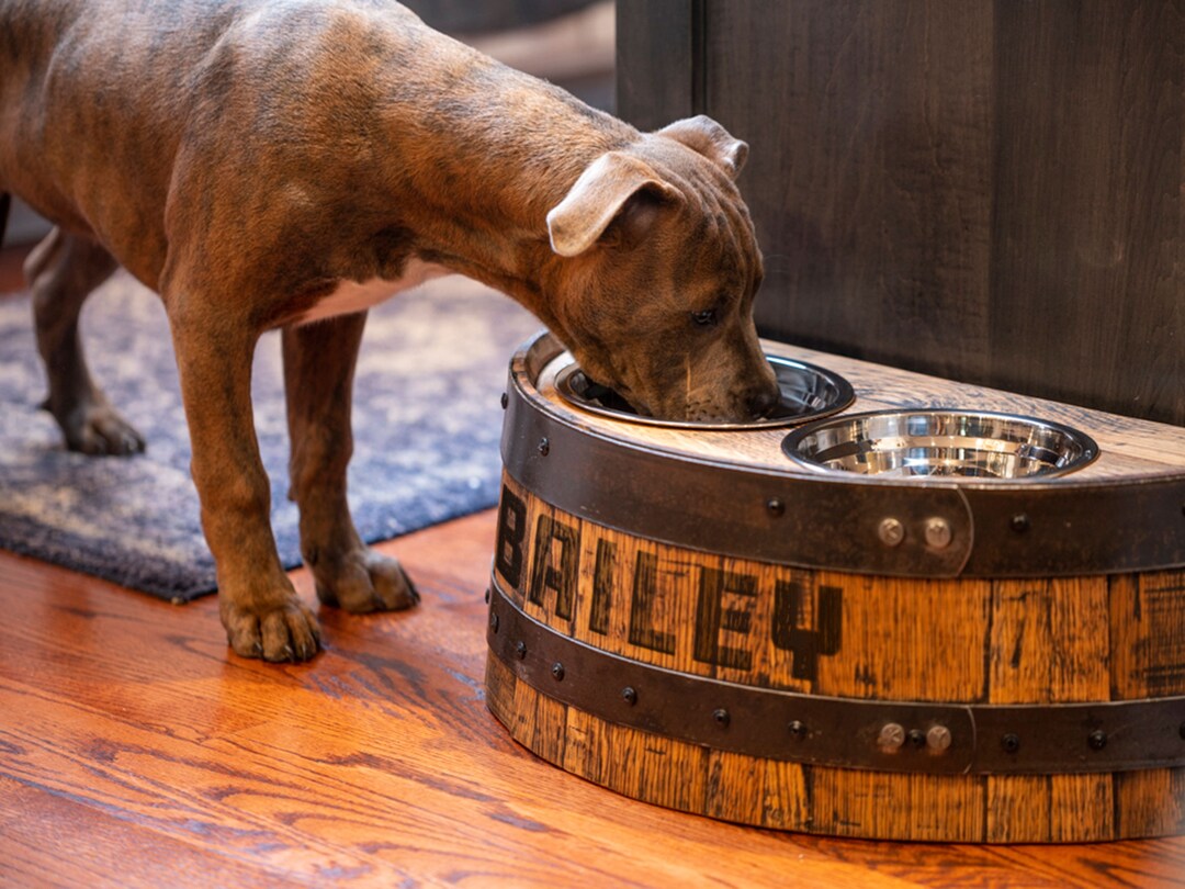Barrel Pet Feeder Stand With Engraved Name Bourbon Dog Waterer Whiskey