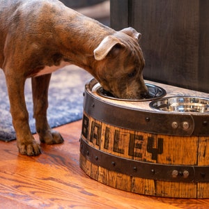 Barrel Pet Feeder Stand with Engraved Name Bourbon Dog Waterer Whiskey Barrel Pet Supplies | Motor City Barrels