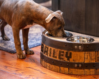Barrel Pet Feeder Stand with Engraved Name Bourbon Dog Waterer Whiskey Barrel Pet Supplies | Motor City Barrels