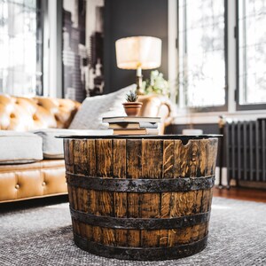 Whiskey Barrel Coffee Table Homemade Barrel Furniture Thick Round Glass Table White Oak Furniture image 2