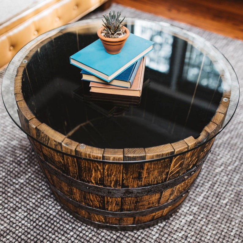 Whiskey Barrel Coffee Table Homemade Barrel Furniture Thick Round Glass Table White Oak Furniture image 4