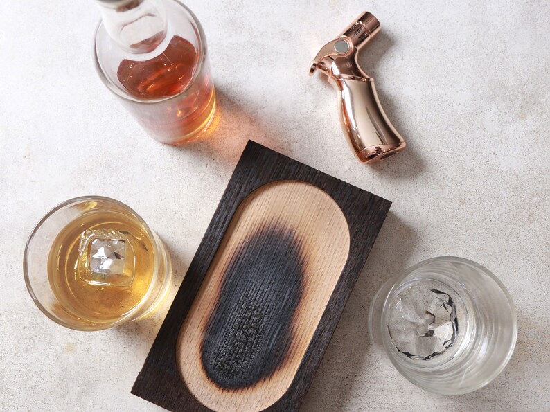 Whiskey Barrel Smoked Cocktail Gift Set Bourbon Kit Ember Series Smoked Cocktail Mountain Glass Set and Torch Smoked Wood Board image 6