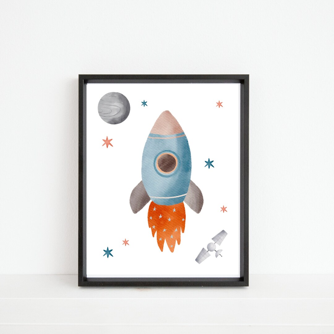 Space Theme Printable Wall Art - Rocket Wall Art, Watercolor Kids Room ...