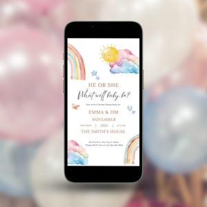 Er oder sie Regenbogen Baby Gender Reveal Party Mobile bearbeitbare Einladung - Aquarell Regenbogen, Wolken Instant Download Evite