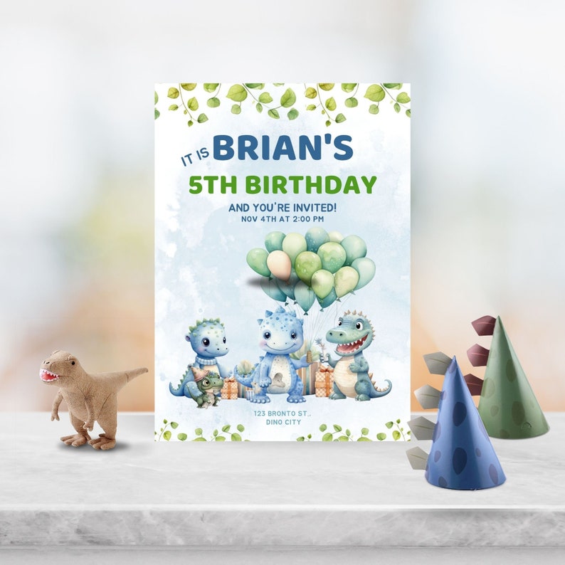 Editable Birthday Mobile Phone Party Invitation Blue and Green Dinosaur