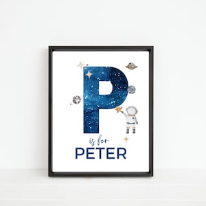Impresión de nombre inicial personalizada - Astronauta, planetas espaciales, inicial de nombre personalizada - Arte de pared con la letra P, descarga digital