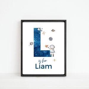 Impresión de nombre inicial personalizada - Astronauta, planetas espaciales, inicial de nombre personalizada - Arte de pared con la letra L, descarga digital