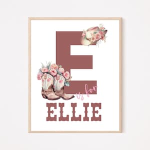 Impresión de nombre inicial personalizada - Impresión de nombre de niña personalizada vaquera del suroeste - Arte de pared con nombre de la letra E - Impresión de nombre con botas y sombrero de vaquera