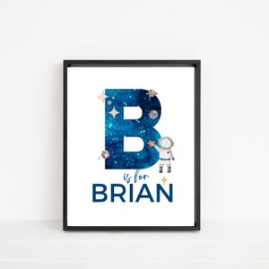 Impresión de nombre inicial personalizada - Astronauta, planetas espaciales, inicial de nombre personalizada - Arte mural con la letra B, descarga digital
