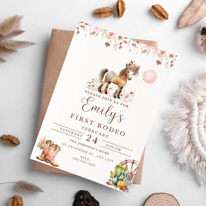 First Rodeo Flower Editable Cowgirl Floral Western Birthday Party Invitation, First Rodeo ...