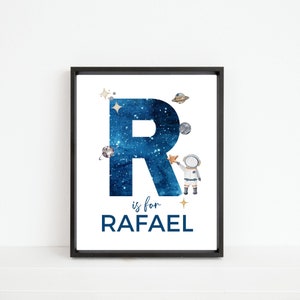 Impresión de nombre inicial personalizada - Astronauta, planetas espaciales, inicial de nombre personalizada R - Arte de pared con la letra R, descarga digital