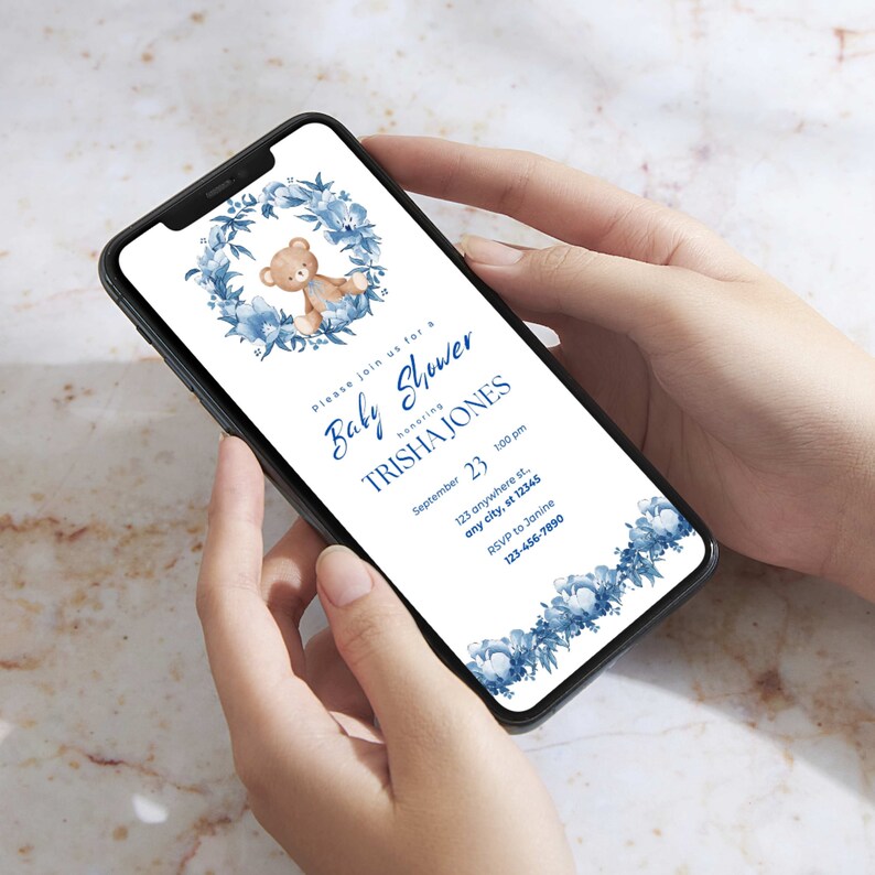 Baby Shower Invitation Blue Flowers & Teddy Bear Digital Template