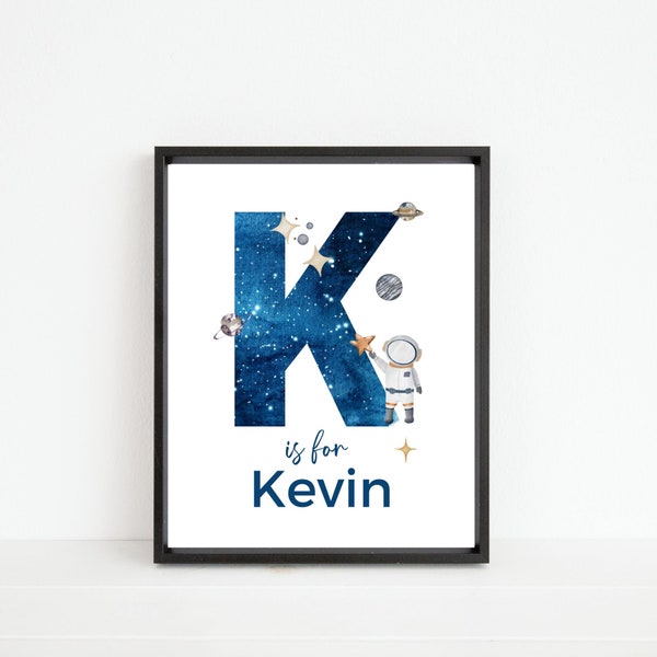 Custom Initial Name Print - Space Planets Astronaut Personalized Name Initial - Letter K  Wall Art Digital Download