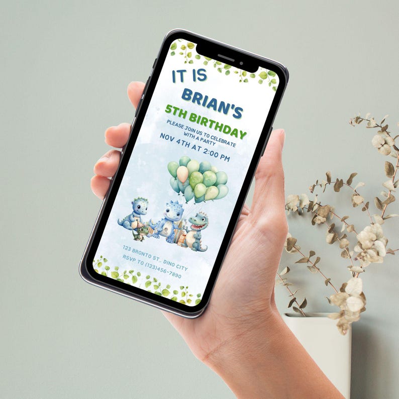 Editable Birthday Mobile Phone Party Invitation Blue and Green Dinosaur