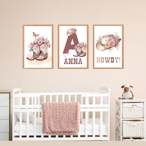 Cowgirl Western Printable Wall Art Bundle  - Custom Western Name Initial, Cowgirl Boots & Hat, Girl Room Wall Art Digital Download Print