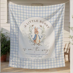 May include: A blue and white gingham banner with the text "A Little Bunny is on the way!" and a watercolor illustration of a bunny wearing a blue jacket. The banner is for welcoming a baby.