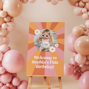 Un cartello di benvenuto Groovy Girl, modello digitale per festa di primo compleanno retrò, invito di compleanno Daisy, testo modificabile al 100%
