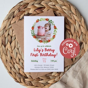 Berry First Birthday, Editable Invitation Template for Strawberry 1st Birthday