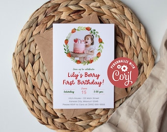 Berry First Birthday, Editable Invitation Template for Strawberry 1st Birthday