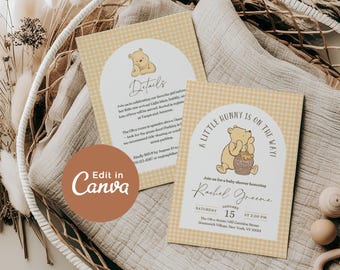 May include: Two baby shower invitations with a Winnie the Pooh theme. The invitations feature a yellow gingham pattern and include the text "A Little Hunny is on the Way!" and "Details". The invitations are in a white basket.