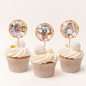 One Groovy Girl Cupcake Toppers, Digital Template for Retro First Birthday Party, Daisy Birthday Invite, 100% Editable Text
