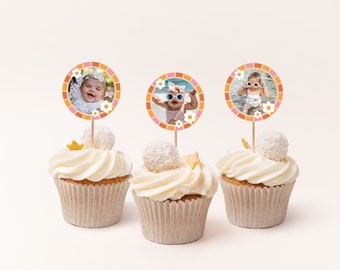 Decorazioni per cupcake Groovy Girl: primo compleanno con margherita retrò (modello digitale)