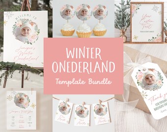May include: A printable template bundle for a winter-themed first birthday party. The bundle includes a welcome sign, a sign with the baby's first year milestones, cupcake toppers, favor tags, and a sign that says "Your Custom Text". The design features a wreath with pink flowers, greenery, and gold snowflakes.