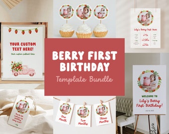 Berry First Birthday Decor Bundle, Printable Templates for Strawberry First Birthday, Berry 1st Birthday Decor