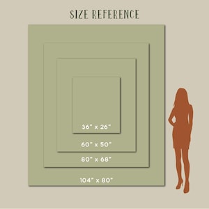 May include: An image showing a size reference for artwork. The image displays four nested rectangular panels in shades of green, with dimensions of 36" x 26", 60" x 50", 80" x 68", and 104" x 80". The text "SIZE REFERENCE" is at the top.