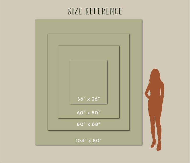 May include: An image showing a size reference for artwork. The image displays four nested rectangular panels in shades of green, with dimensions of 36" x 26", 60" x 50", 80" x 68", and 104" x 80". The text "SIZE REFERENCE" is at the top.