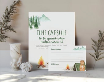 One Happy Camper Time Capsule Sign and Card, 1st Birthday Decor for Camping Themed Party, Printable Template