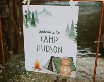 One Happy Camper Welcome Sign, 1st Birthday Decor for Camping Themed Party, Printable Template