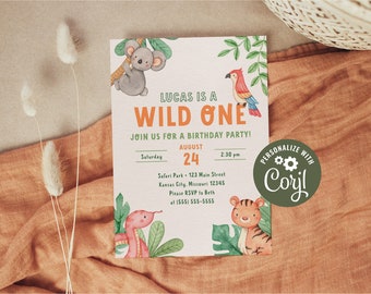 May include: A colorful invitation for a first birthday party with a jungle theme. The invitation features a koala, a parrot, a snake, and a tiger. The text on the invitation reads "Lucas is a Wild One! Join us for a birthday party! Saturday, August 24, 2:30 pm. Safari Park - 123 Main Street, Kansas City, Missouri 12345. Please RSVP to Beth at (555) 555-5555."