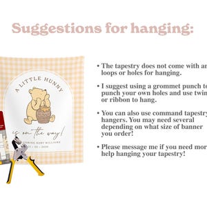 May include: A rectangular tapestry with a light yellow gingham border and a central illustration of a bear with a honey pot, featuring the text A LITTLE HUNNY is on the way! WELCOMING BABY WILLIAMS 11 23 2026, alongside a grommet punch and Command strips.