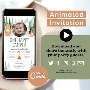 One Happy Camper Birthday Invitation, Animated Video Invite for Camping First Birthday, Canva Template