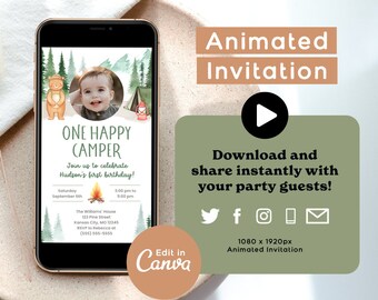 One Happy Camper Birthday Invitation, Animated Video Invite for Camping First Birthday, Canva Template