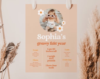 Groovy Girl First Birthday Milestone Sign: Retro Daisy Template (Digital)